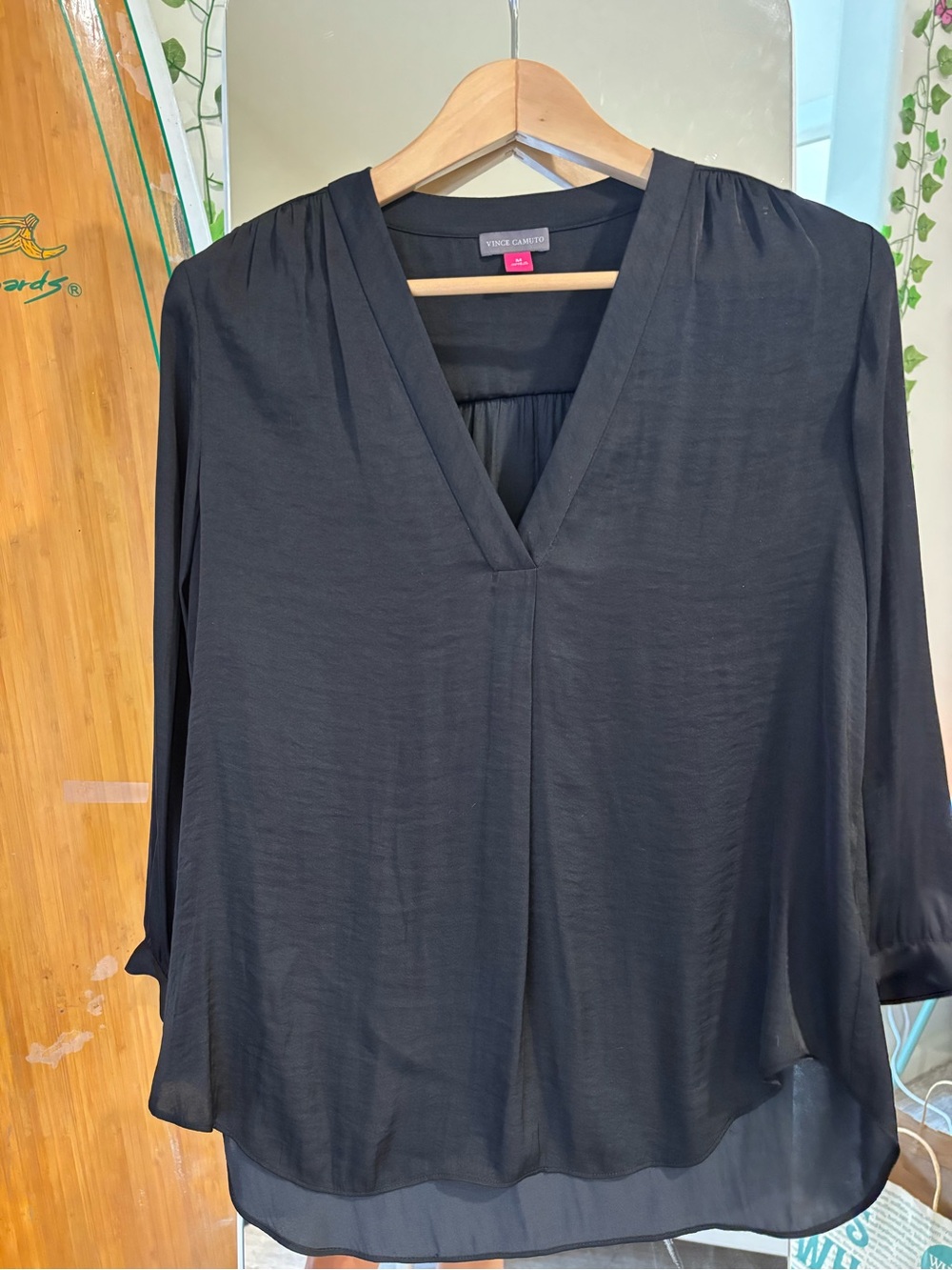 Vince Camuto Black V-Neck Long-Sleeve Tunic Blouse 3/4 sleeves M